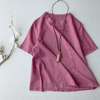 Short-sleeve Frog-buttoned Linen Blend Top