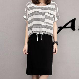 Set: Short-sleeve Striped Top + Midi A-line Skirt