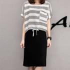 Set: Short-sleeve Striped Top + Midi A-line Skirt