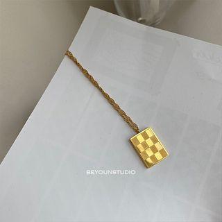 Checker Pendant Stainless Steel Necklace E177 - Checker - Gold - One Size
