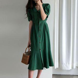 Buttoned Short-sleeve Midi A-line Dress