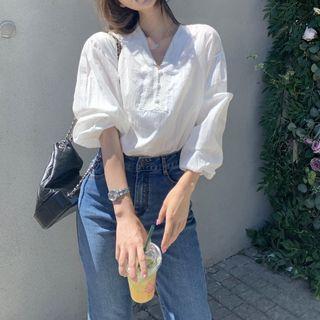 Puff Sleeve V-neck Lace Trim Blouse White - One Size