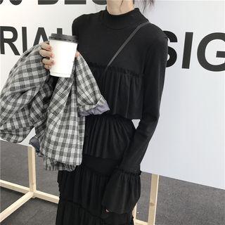 Ruffle Long-sleeve Dress Black - One Size