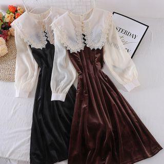 Lace Peter Pan Collar Panel Long-sleeve Dress