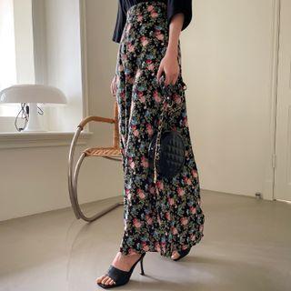 Flower-pattern Maxi Flare Skirt