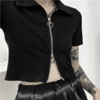 Short-sleeve Zip Knit Top Black - One Size