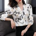 3/4-sleeve Printed Tie-neck Blouse