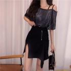 Off Shoulder Elbow Sleeve Glittered T-shirt / A-line Skirt