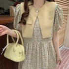 Puff-sleeve Flower Print Midi A-line Dress / Single-button Vest
