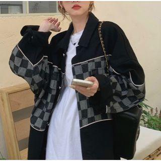 Checkerboard Panel Button-up Jacket Checkerboard - Black - One Size