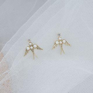 Swallow Faux Pearl Earring 1 Pair - Ear Studs - Gold - One Size