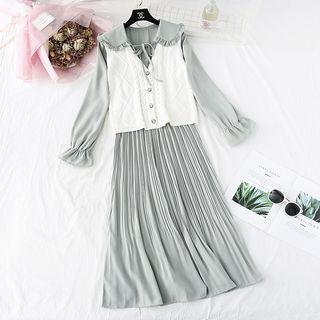 Set: Tie-neck Frilled Trim Chiffon Dress + Sleeveless Knit Top