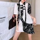Set: Elbow-sleeve Print Panel Blouse + Mini A-line Skirt