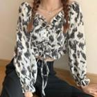 Leopard Print Ruffled Cropped Blouse Q53 - As Shown In Figure - One Size
