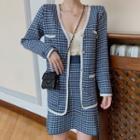 Long-sleeve Plaid Knit Cardigan / Plaid Knit Skirt