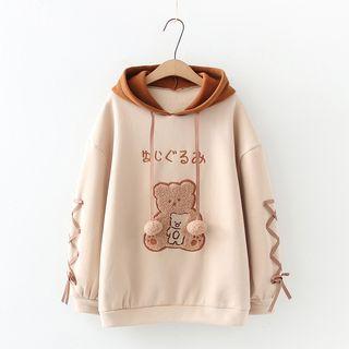 Bear Embroidered Lace-up Hoodie