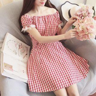 Lace Trim Gingham Off Shoulder Short Sleeve A-line Dress
