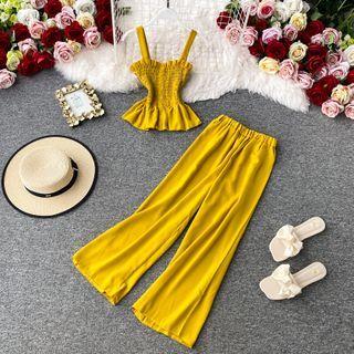 Set: Smocked Tank Top + High-waist Wide-leg Pants