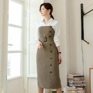 Mock Two Piece Color-block Shirtdress With Belt