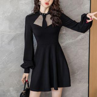 Balloon-sleeve Fishnet Panel A-line Dress