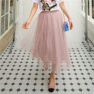 Faux-pearl Tulle-overlay Midi Skirt