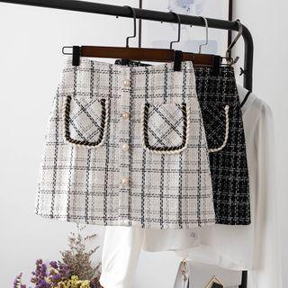 Plaid Tweed Button Mini A-line Skirt