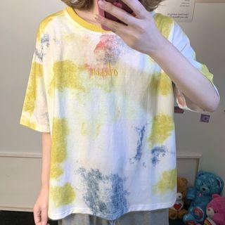 Letter Embroidered Elbow-sleeve Printed T-shirt