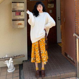 Faux Furry Plain Sweater / High-waist Floral Skirt