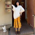 Faux Furry Plain Sweater / High-waist Floral Skirt