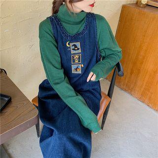 Long-sleeve Mock Neck Plain Top / Sleeveless Embroidered Denim Dress