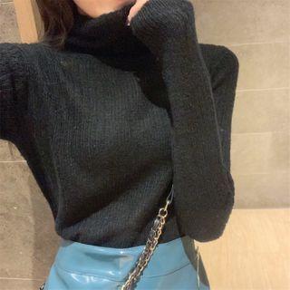 Mock-neck Plain Knit Long-sleeve Sweater Black - One Size