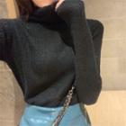 Mock-neck Plain Knit Long-sleeve Sweater Black - One Size