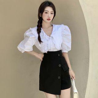 Set: Short-sleeve V-neck Blouse + Wrap A-line Skort