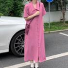 Plain Short-sleeve Midi Shirtdress Pink - One Size