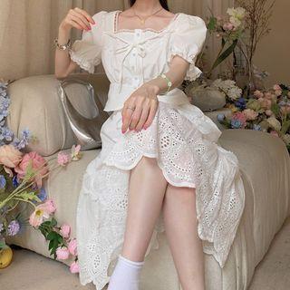 Set: Puff-sleeve Plain Square-neck Cropped Top Shirt + High-waist Plain Midi Skirt