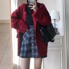 Long-sleeve Top / Plaid A-line Mini Skirt / Hooded Cardigan / Set