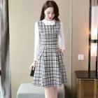 Set: Long-sleeve Top + Plaid A-line Overall Dress