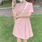 Short-sleeve Mini A-line Pleated Dress Pink - One Size