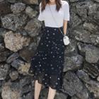 Short-sleeve Frill Trim Knit Top / Star Patterned A-line Midi Skirt