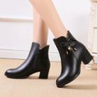 Faux Leather Bow Block Heel Ankle Boots