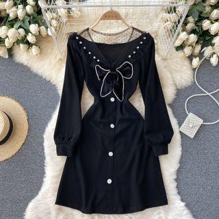 V-neck Mesh Panel Bow Long-sleeve Dress