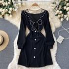 V-neck Mesh Panel Bow Long-sleeve Dress