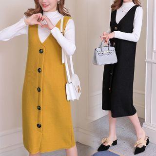 Set: Mock-neck Knit Top + Midi Sheath Overall Dress