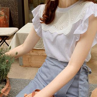 Frilled-sleeve Perforated-yoke Top