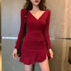 Long-sleeve V-neck Mini Mermaid Dress