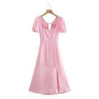 Plain Puff-sleeve Side-slit Midi A-line Dress