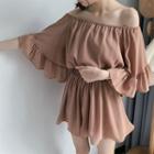 Plain Off Shoulder Elbow Sleeve Playsuit