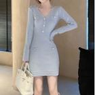 Long-sleeve Button-up Knit Mini Sheath Dress Blue - One Size