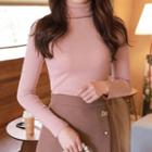 Turtle-neck Slit-side Slim Knit Top