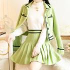 Set: Contrast Trim Button Jacket + Pleated Skirt